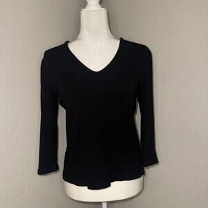 Lauren Ralph Lauren V-Neck Blouse Womens Large Black Rayon Long Sleeve Pullover